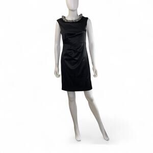 Eliza J Womens Embellished Dress Size 4 Black Satin Sheath Gathered Draped Waist